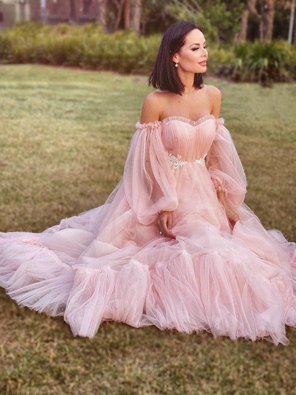 A-Line/Princess Long Sleeves Floor-Length Tulle Applique Off-the-Shoulder Dresses