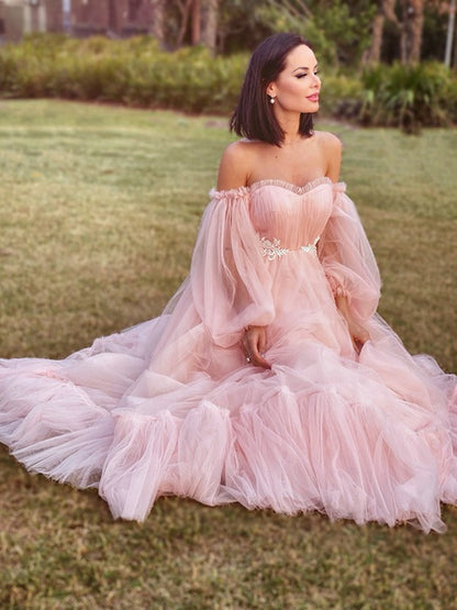 A-Line/Princess Long Sleeves Floor-Length Tulle Applique Off-the-Shoulder Dresses