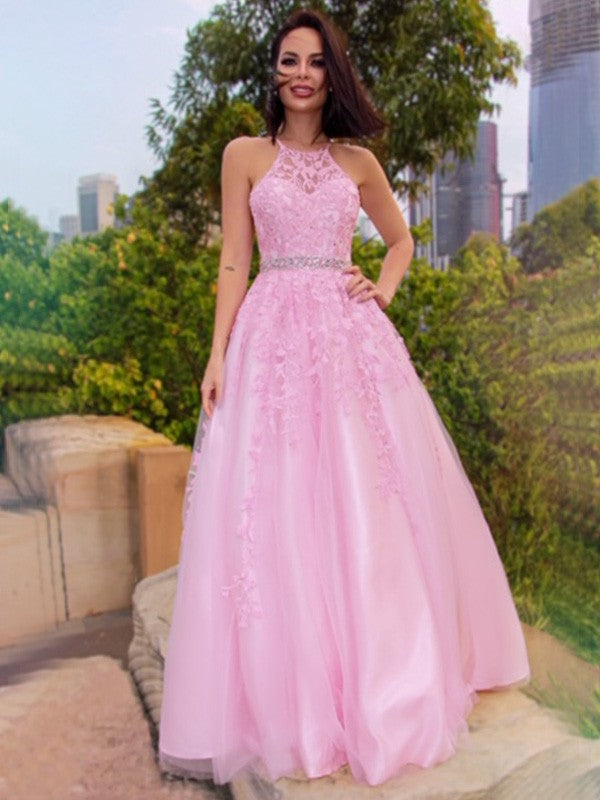 A-Line/Princess Tulle Applique Halter Sleeveless Floor-Length Dresses