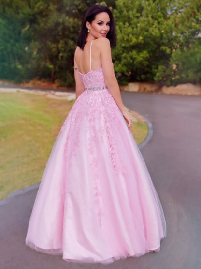 A-Line/Princess Tulle Applique Halter Sleeveless Floor-Length Dresses