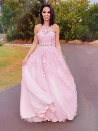 A-Line/Princess Tulle Applique Halter Sleeveless Floor-Length Dresses