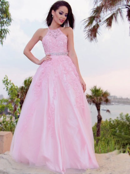 A-Line/Princess Tulle Applique Halter Sleeveless Floor-Length Dresses