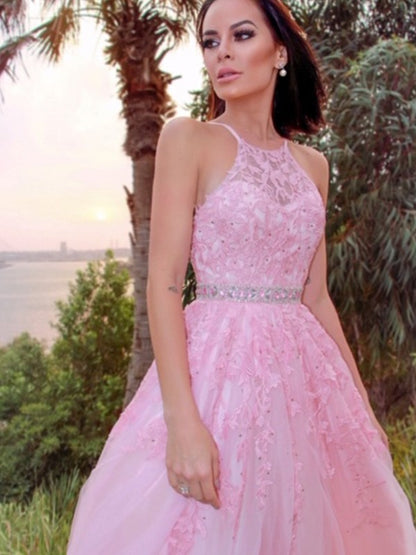 A-Line/Princess Tulle Applique Halter Sleeveless Floor-Length Dresses