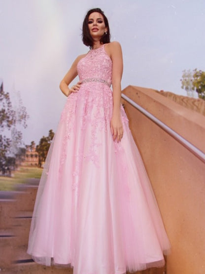 A-Line/Princess Tulle Applique Halter Sleeveless Floor-Length Dresses