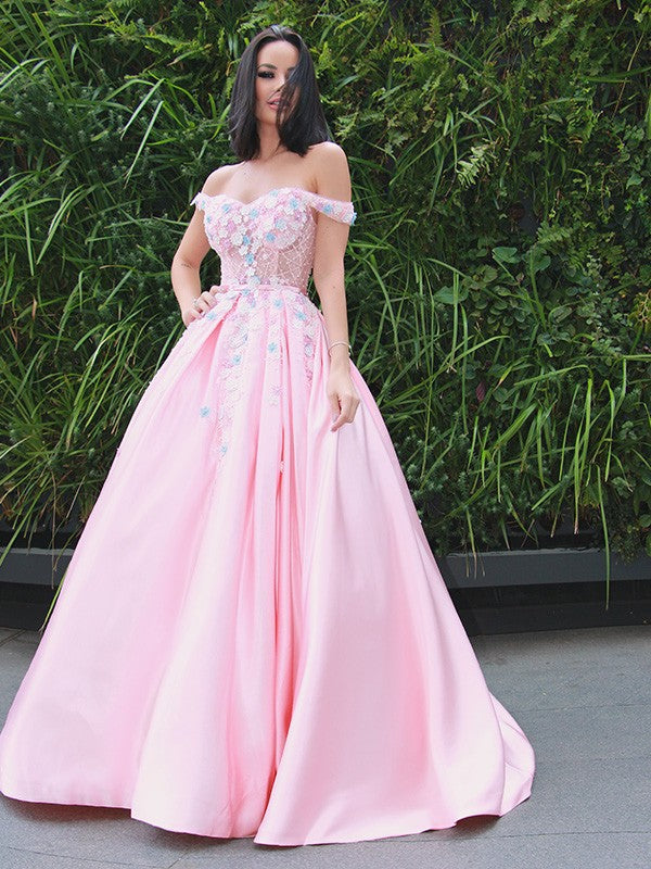 A-Line/Princess Satin Applique Off-the-Shoulder Sleeveless Sweep/Brush Train Dresses