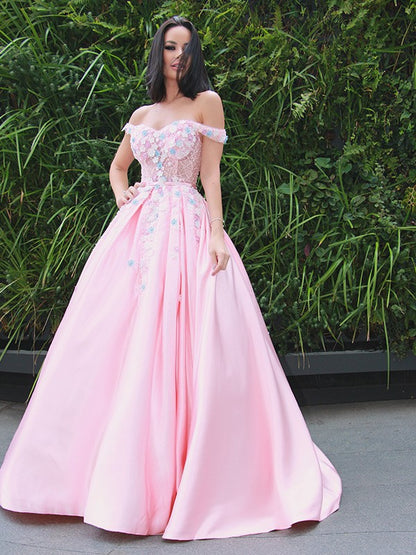 A-Line/Princess Satin Applique Off-the-Shoulder Sleeveless Sweep/Brush Train Dresses