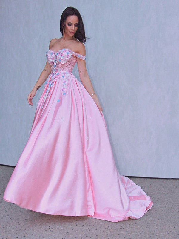 A-Line/Princess Satin Applique Off-the-Shoulder Sleeveless Sweep/Brush Train Dresses