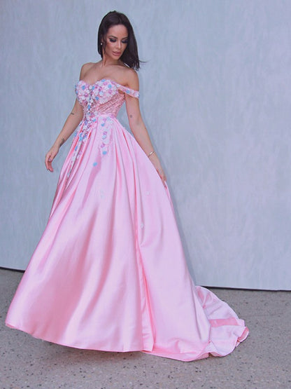 A-Line/Princess Satin Applique Off-the-Shoulder Sleeveless Sweep/Brush Train Dresses