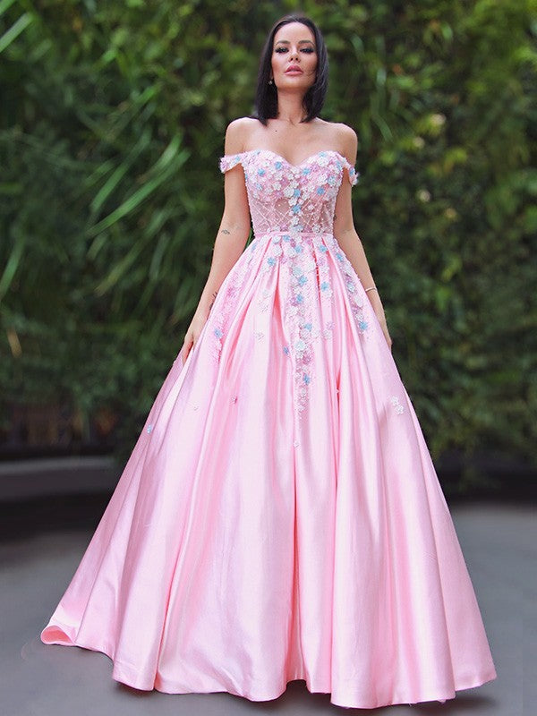 A-Line/Princess Satin Applique Off-the-Shoulder Sleeveless Sweep/Brush Train Dresses