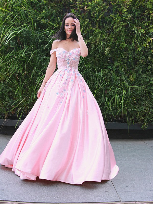 A-Line/Princess Satin Applique Off-the-Shoulder Sleeveless Sweep/Brush Train Dresses