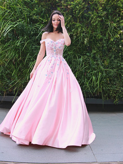 A-Line/Princess Satin Applique Off-the-Shoulder Sleeveless Sweep/Brush Train Dresses