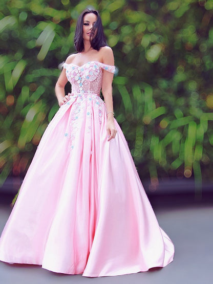 A-Line/Princess Satin Applique Off-the-Shoulder Sleeveless Sweep/Brush Train Dresses