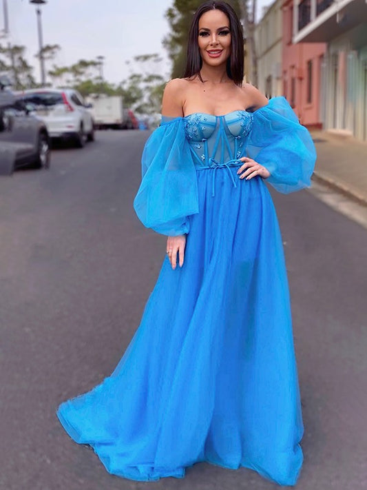 A-Line/Princess Tulle Beading Off-the-Shoulder Long Sleeves Sweep/Brush Train Dresses