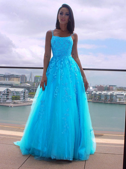 A-Line/Princess Spaghetti Straps Tulle Sleeveless Applique Sweep/Brush Train Dresses