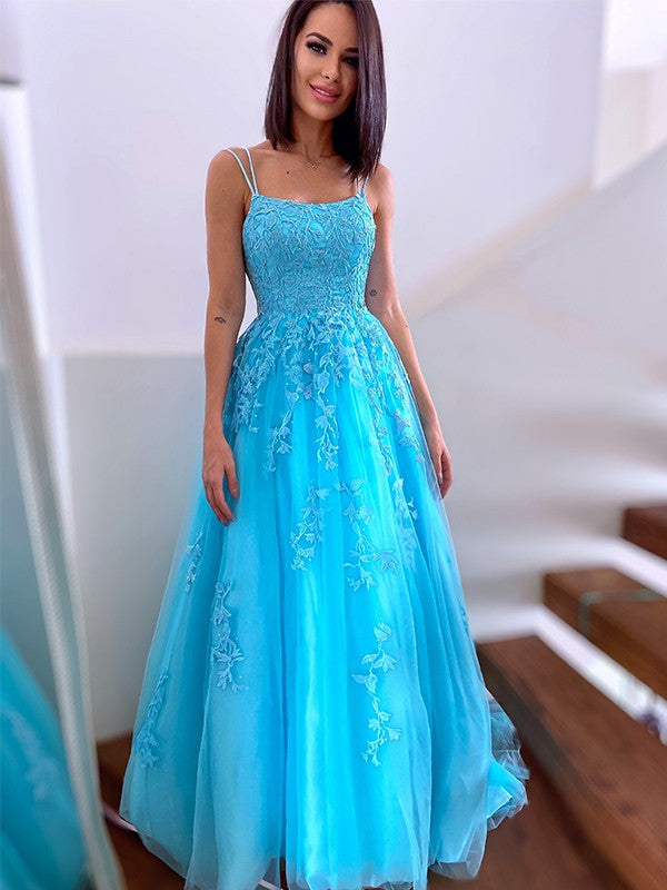 A-Line/Princess Spaghetti Straps Tulle Sleeveless Applique Sweep/Brush Train Dresses