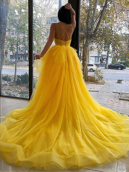A-Line/Princess Tulle Ruffles V-neck Sleeveless Asymmetrical Dresses