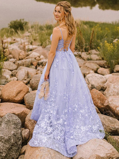 A-Line/Princess Tulle Applique Spaghetti Straps Sleeveless Sweep/Brush Train Dresses