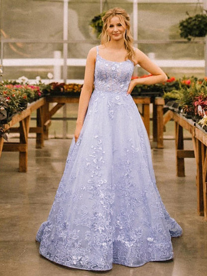 A-Line/Princess Tulle Applique Spaghetti Straps Sleeveless Sweep/Brush Train Dresses