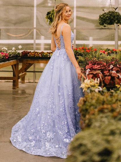 A-Line/Princess Tulle Applique Spaghetti Straps Sleeveless Sweep/Brush Train Dresses