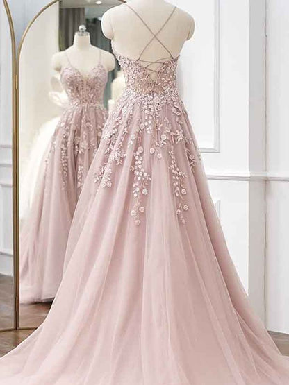 A-Line/Princess Tulle Applique V-neck Sleeveless Sweep/Brush Train Dresses