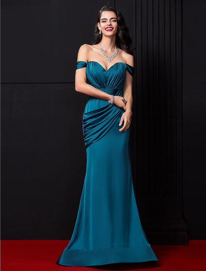 Mermaid / Trumpet Sexy Dress Engagement Formal Evening Court Train Sleeveless Off Shoulder Satin Chiffon with Ruched Draping