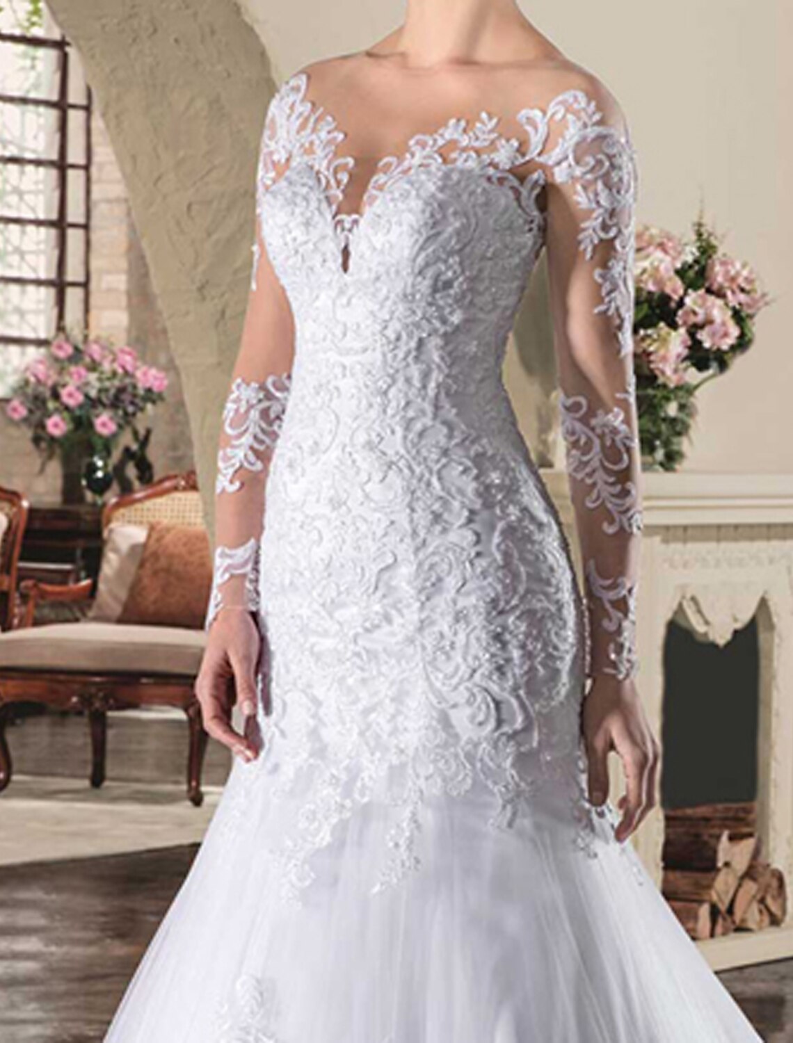 Engagement Open Back Formal Fall Wedding Dresses Mermaid / Trumpet Illusion Neck Long Sleeve Court Train Lace Bridal Gowns With Appliques Summer Wedding Party