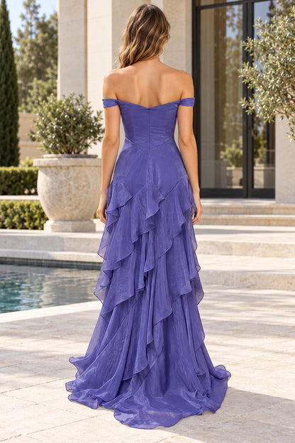 Purple A-Line Sweetheart Off-Shoulder Zip-Up Floor-Length Prom Bridesmaid Gown