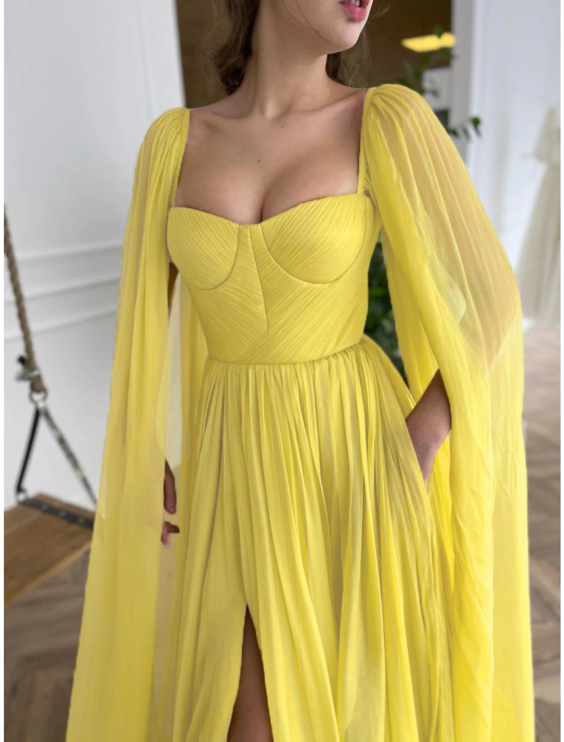 A-Line Prom Dresses Empire Dress Wedding Guest Engagement Court Train Long Sleeve Square Neck Tulle with Pleats Slit