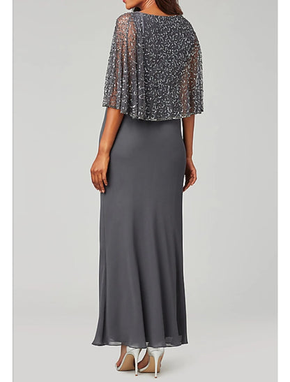 Sheath / Column Mother of the Bride Dress Elegant V Neck Floor Length Chiffon Long Sleeve with Beading Sequin