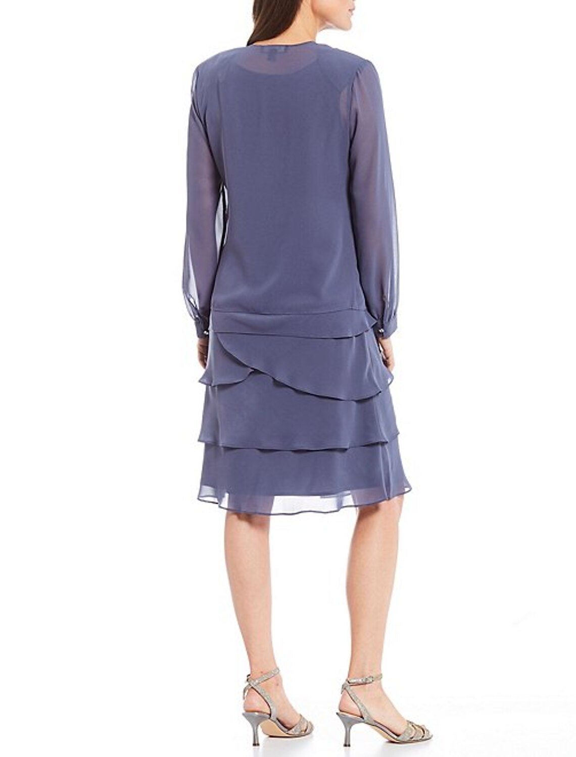 Two Piece Mother of the Bride Dress Plus Size Jewel Neck Knee Length Chiffon Long Sleeve with Beading Tier