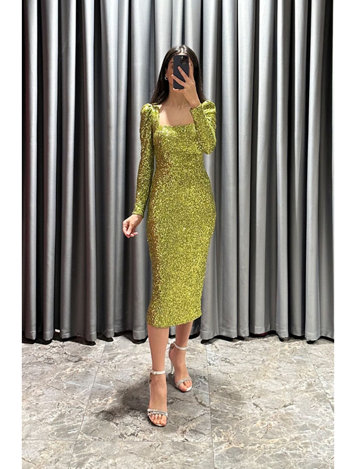 Sheath / Column Evening Gown Elegant Dress Formal Fall Tea Length Long Sleeve Square Neck Sequined with Glitter Slit