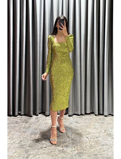 Sheath / Column Evening Gown Elegant Dress Formal Fall Tea Length Long Sleeve Square Neck Sequined with Glitter Slit