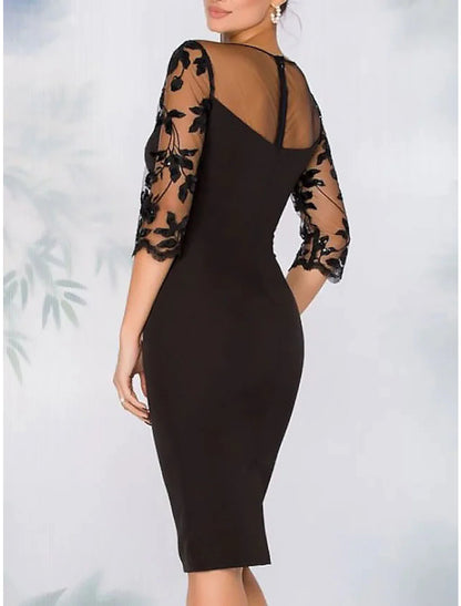 Sheath Cocktail Elegant Dress Fall Wedding Guest Dress Long Sleeve Black Dress Midi Dress Floral Embroidery Illusion Neck With Beading Lace