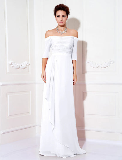 Sheath / Column Minimalist Dress Wedding Guest Formal Evening Sweep / Brush Train Half Sleeve Off Shoulder Bridesmaid Dress Chiffon with Ruched Draping
