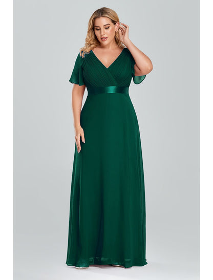 A-Line Prom Dresses Empire Dress Wedding Guest Floor Length Short Sleeve V Neck Chiffon with Pleats