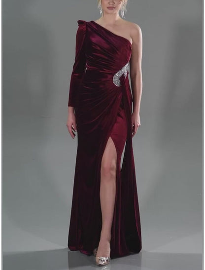 A-Line Evening Gown Christmas Elegant Dress Formal Sweep / Brush Train Long Sleeve One Shoulder Velvet with Glitter Pleats Ruched