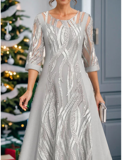 Silver Lace Dress Party Dress Cocktail Dress Lace Patchwork Crew Neck 3/4 Length Sleeve Midi Dress Office Christmas Silver Spring Winter