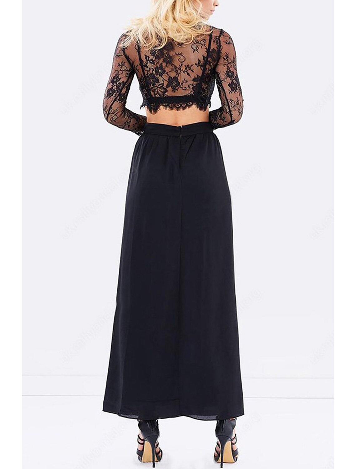 Two Piece A-Line Prom Dresses High Split Dress Formal Floor Length Long Sleeve Jewel Neck Chiffon with Slit