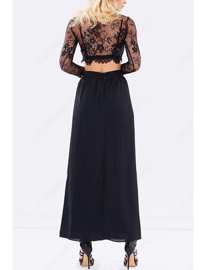 Two Piece A-Line Prom Dresses High Split Dress Formal Floor Length Long Sleeve Jewel Neck Chiffon with Slit