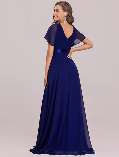 A-Line Empire Fall Wedding Guest Dress For Bridesmaid Plus Size Formal Evening Dress V Neck Short Sleeve Floor Length Chiffon with Pleats Ruched