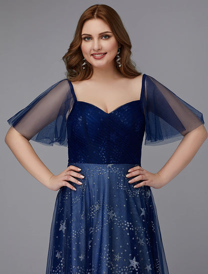 A-Line Plus Size Dress Prom Formal Evening Floor Length Short Sleeve Sweetheart Tulle Lace-up with Beading Pattern / Print
