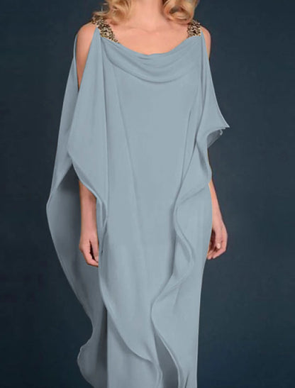 Sheath / Column Mother of the Bride Dress Fall Wedding Guest Dresses Plus Size Elegant Jewel Neck Floor Length Chiffon Half Sleeve with Beading Cascading Ruffles