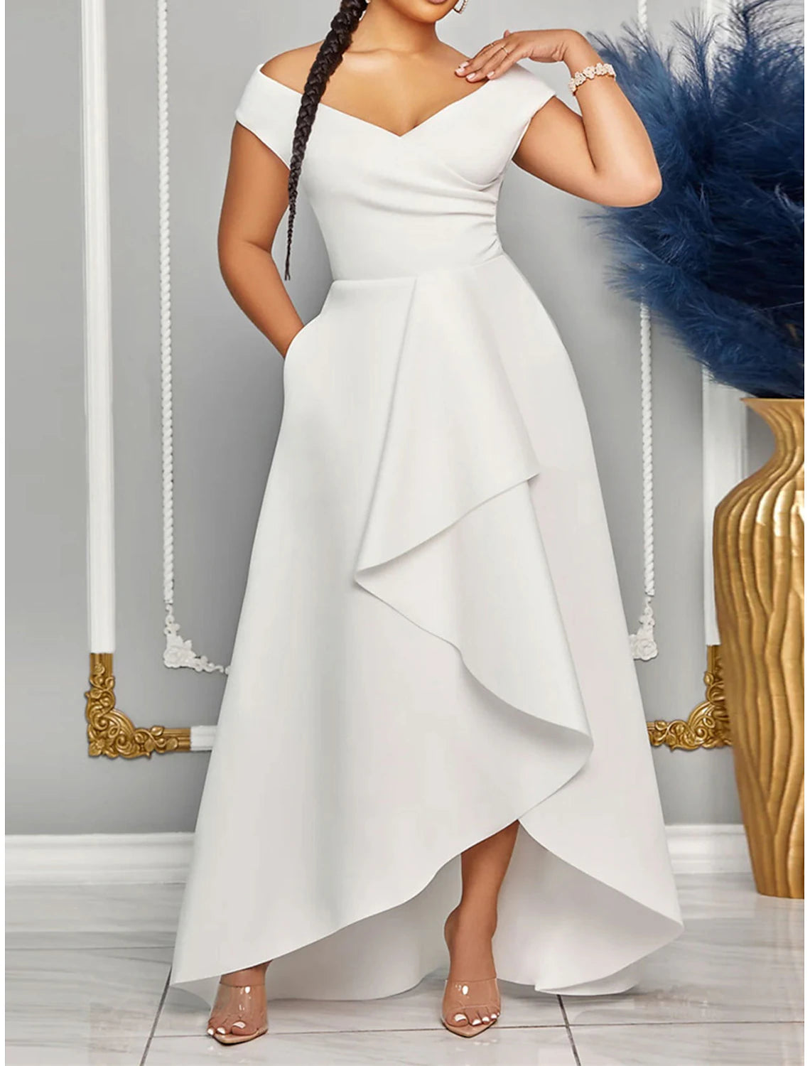 dressy maxi dresses for wedding Annhoo Wedding Guest Dresses for Women V Neck Wrap Long Sleeve Formal Dress Loose Pleated Side Slit Maxi Dress, Women's, Size: Large, Beige