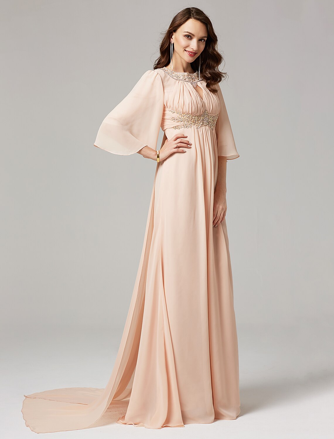 A-Line Special Occasion Dresses Elegant Dress Wedding Guest Sweep / Brush Train Half Sleeve Jewel Neck Chiffon with Beading Draping