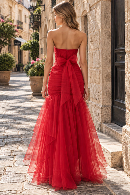 Red Strapless Corset Ruched High Low Tulle Mermaid Evening Dress with Back Bow