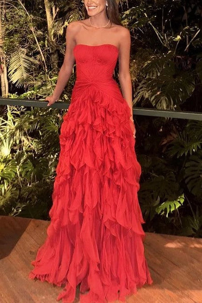 Red A-line Strapless Sleeveless Zip-Back Floor-Length Homecoming Prom Gown