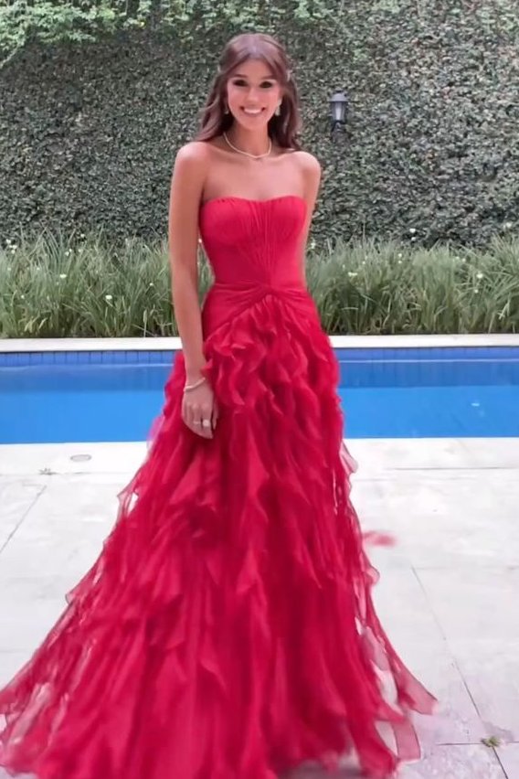 Red A-line Strapless Sleeveless Zip-Back Floor-Length Homecoming Prom Gown