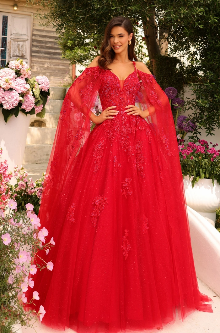 red a-line v-neck cold-shoulder cape sleeve open-back floor prom dress