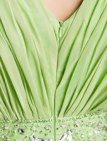 Sheath / Column Elegant Dress Wedding Guest Formal Evening Floor Length Long Sleeve V Neck Chiffon V Back with Crystals Side Draping