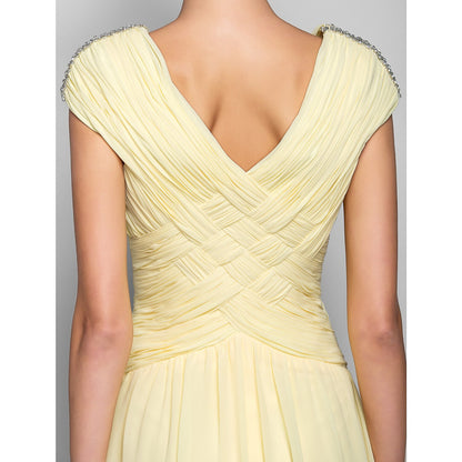 Sheath / Column Elegant Prom Formal Evening Military Ball Dress V Neck Short Sleeve Floor Length Chiffon with Criss Cross Crystals